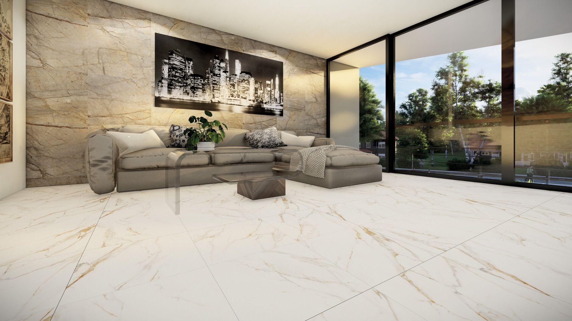 Colección Carrara Gold — porcelanato instalado en ambiente