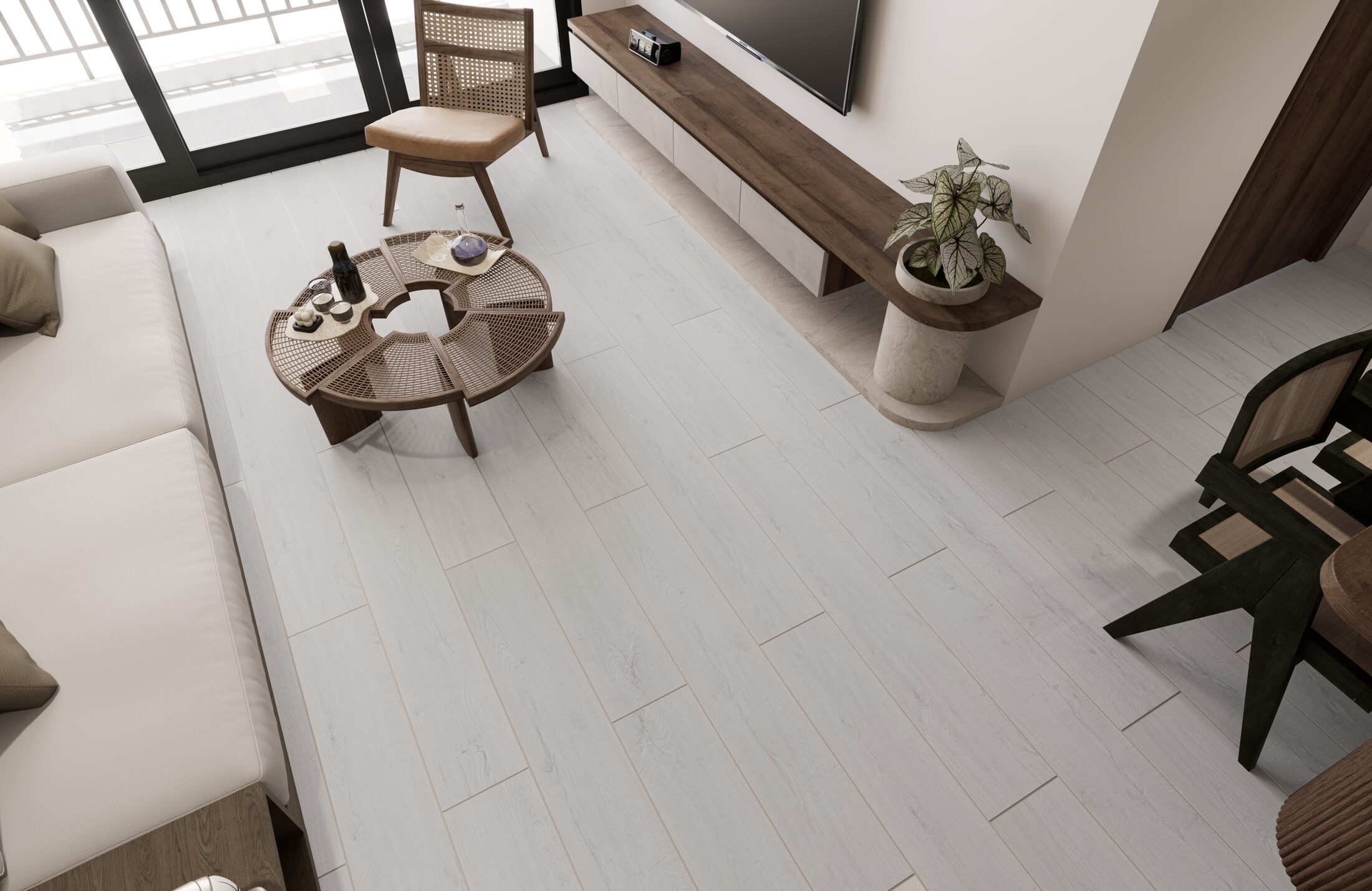 Colección Nice Ivory — duela porcelánica instalada en ambiente